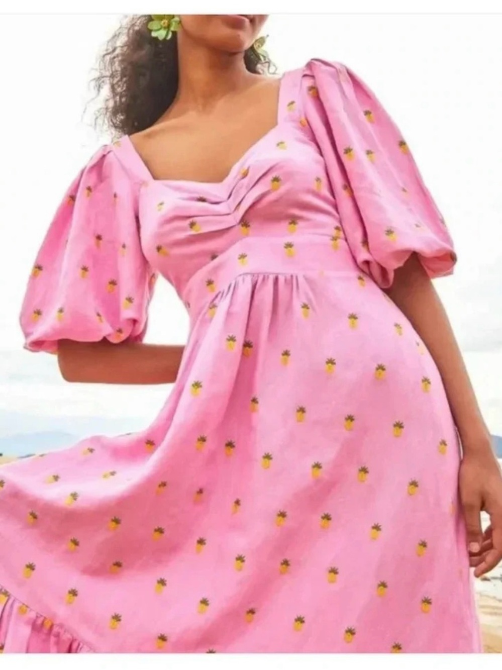 Farm Rio Pineapple Embroidered Pink Linen Midi Dress Size S